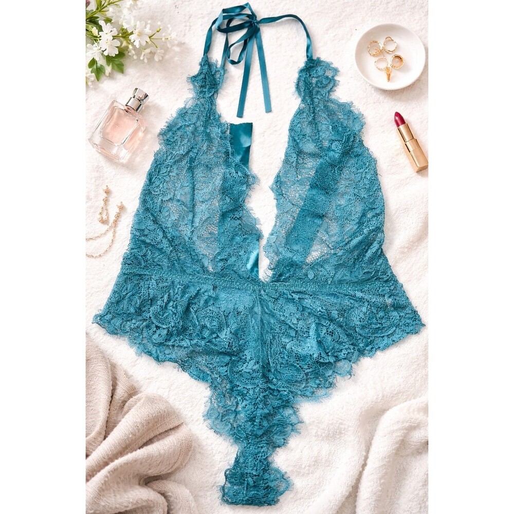Women’s Teal Lace Teddy Bodysuit One Piece Lingerie Halter Deep V Sheer (000)